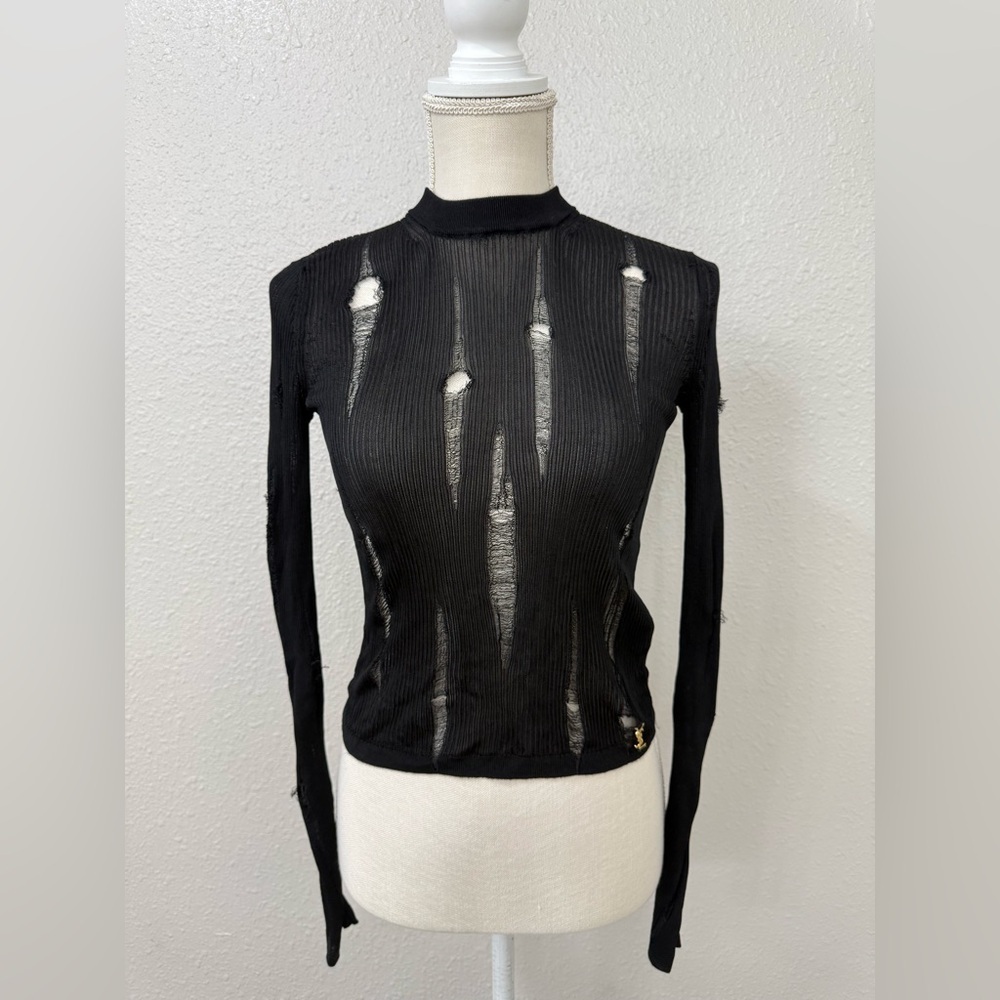 Saint Laurent Black Distressed Ribbed Long Sleeve Top